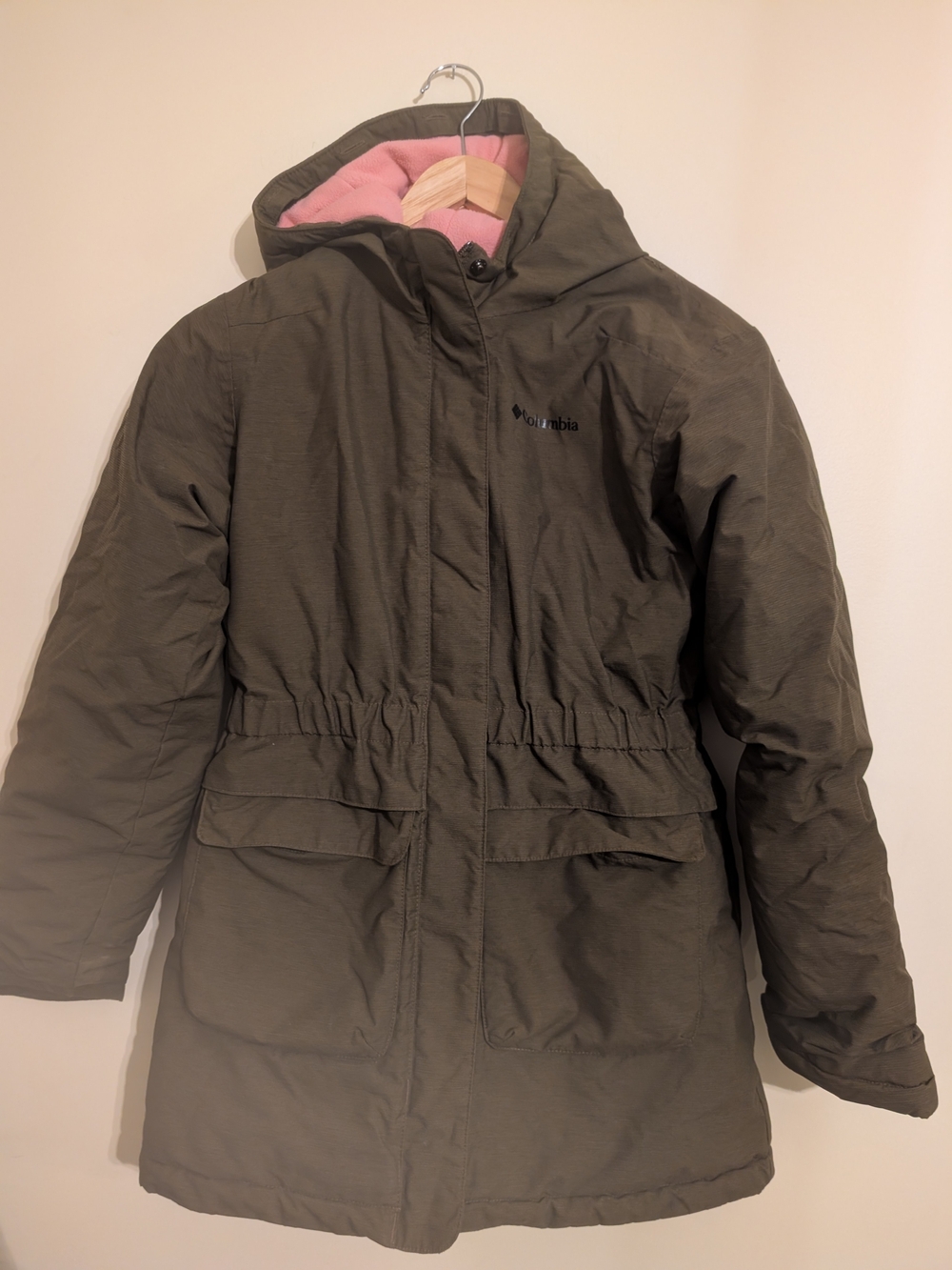 Girls Columbia Olive Green Hooded Parka with Pink Hood Lining, Size L